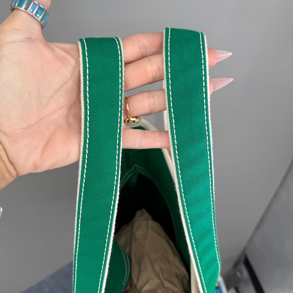 Lands End Medium Tote Bag 5 Pocket Zipper Green Natural Canvas *Has Embroidery - Picture 4 of 16